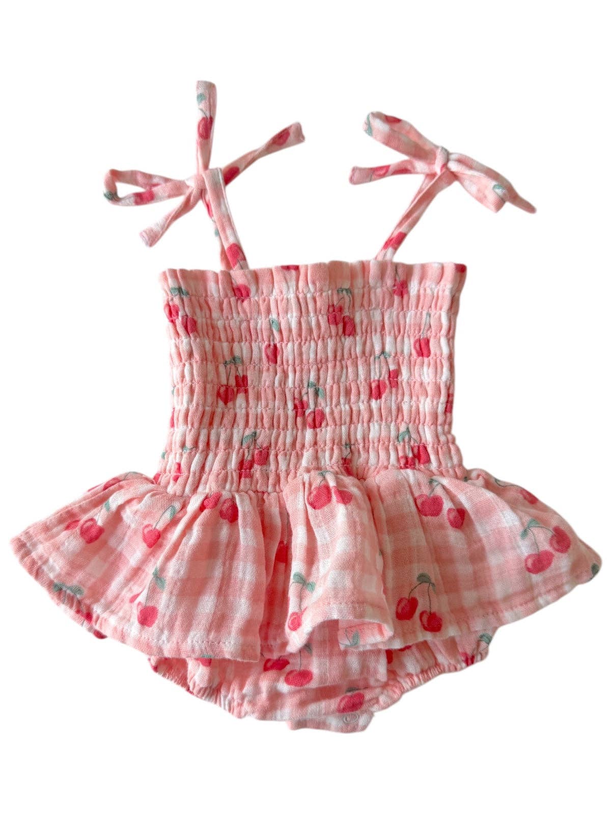 Gingham Cherries Muslin Smocked Bubble w/ Skirt