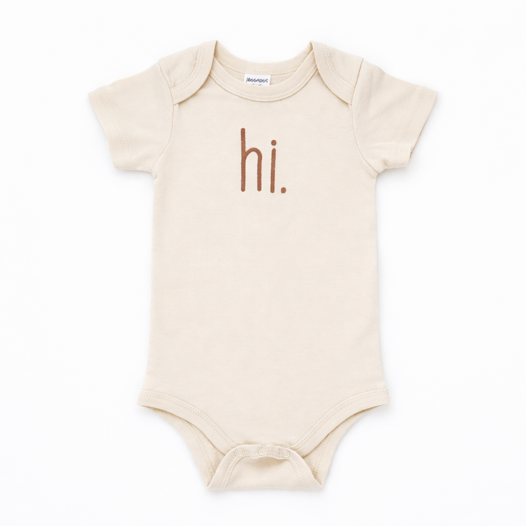 Hi. Embroidered Pecan Cotton Knit Onesie