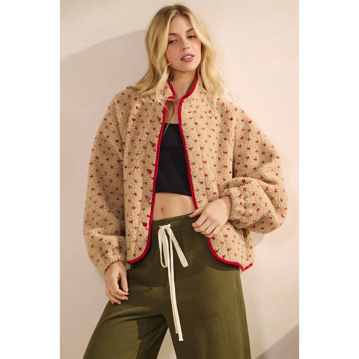 Women's Heart Printed Sherpa Button Up Jacket