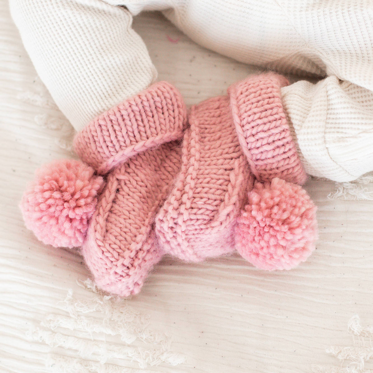 Garter Stitch Baby Booties Surf with Pom Poms