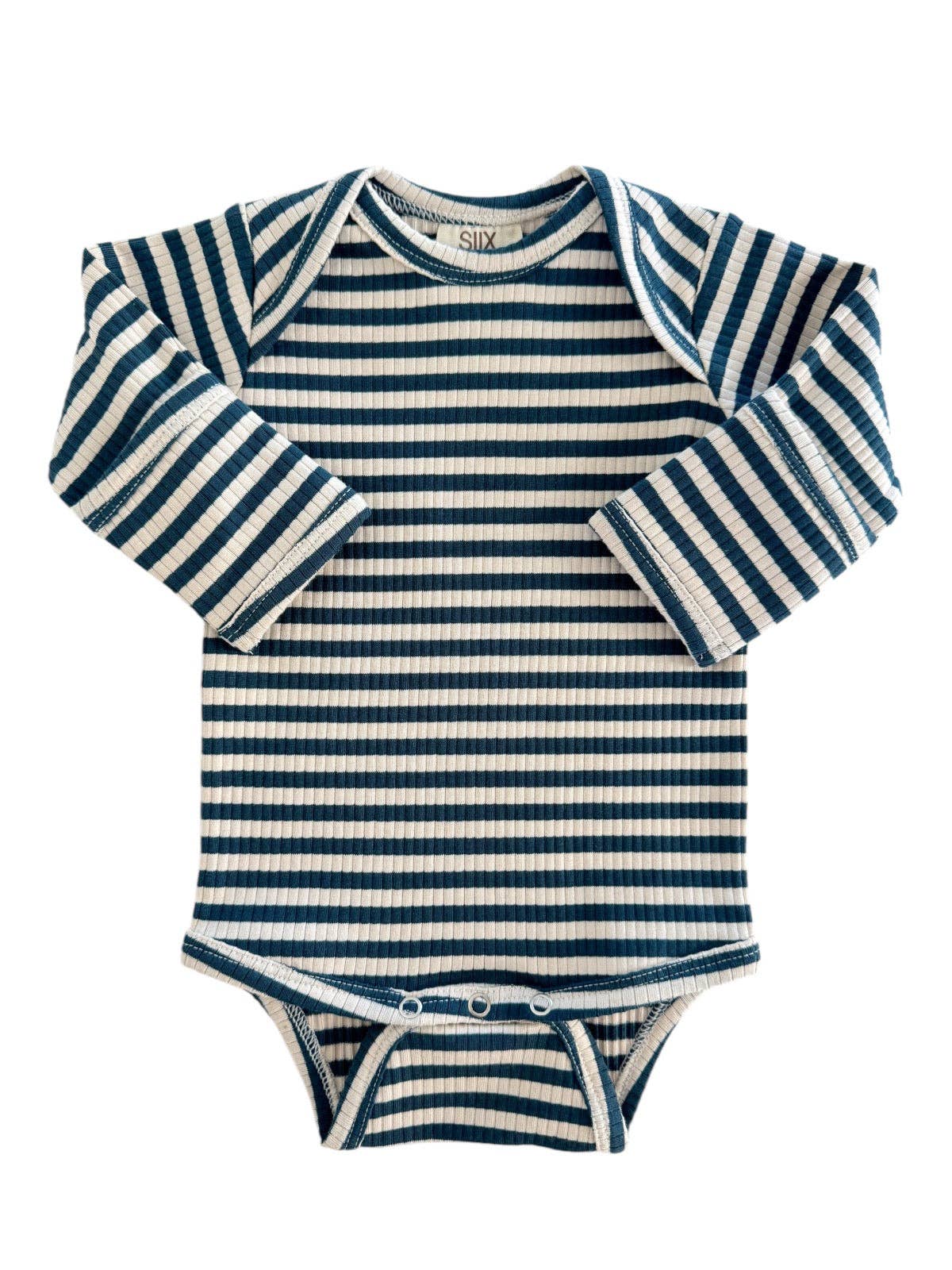 Steel Blue Stripe Organic Ribbed Long Sleeve Bodysuit