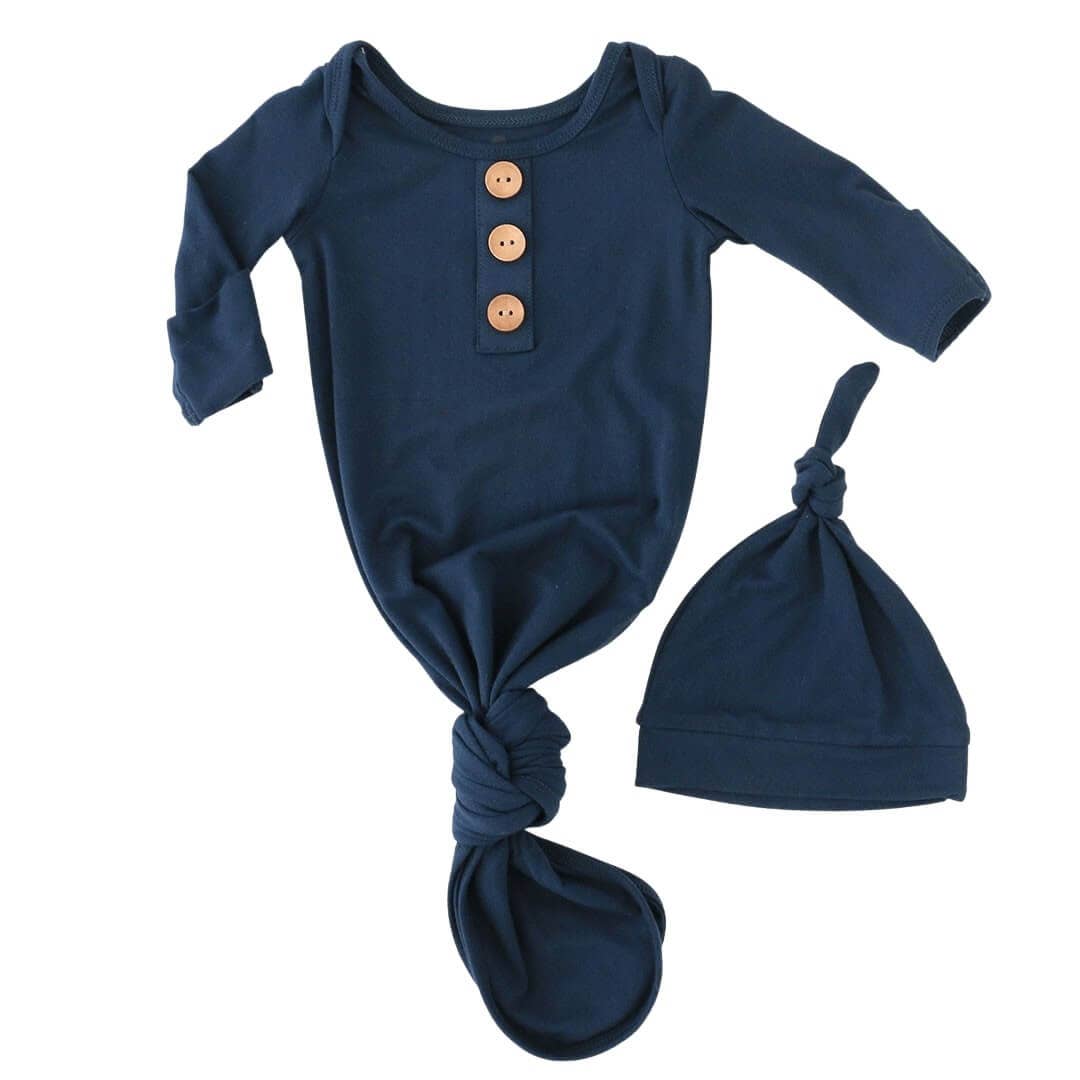 Solid Dark Navy Bamboo Baby Knot Gown & Hat