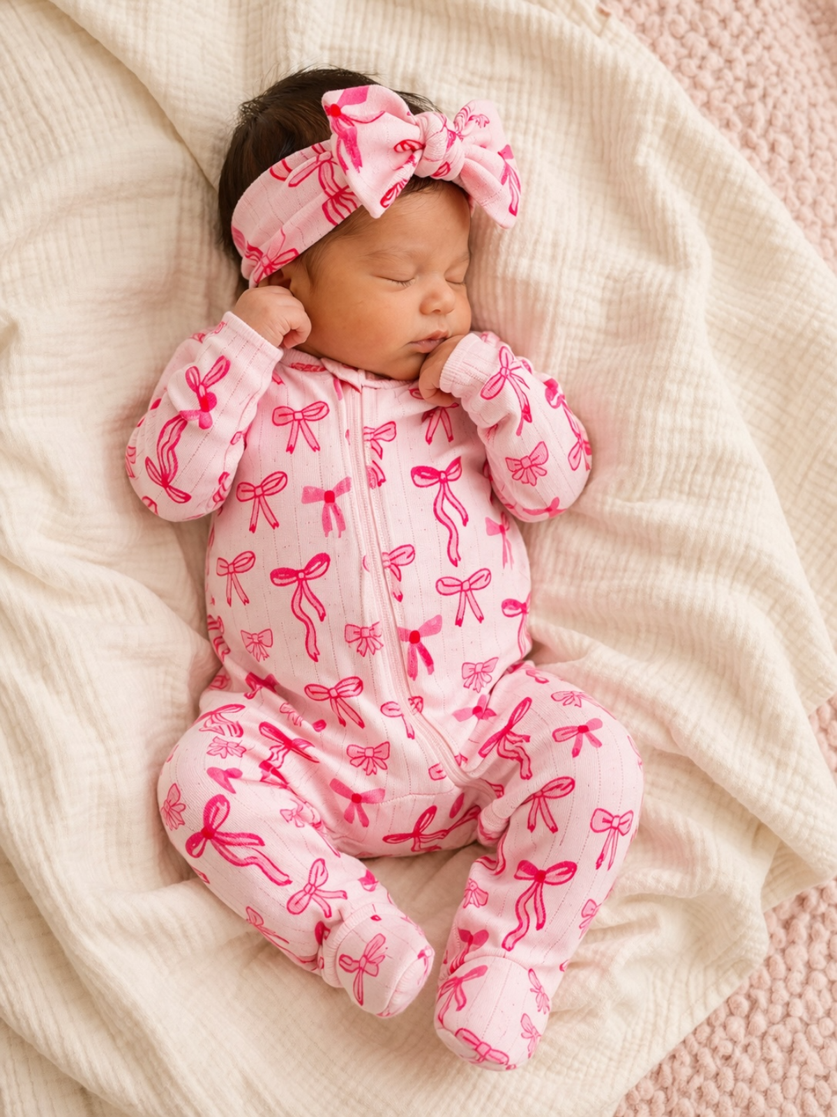 Pink Bows Organic Pointelle 2-Way Zip Footie