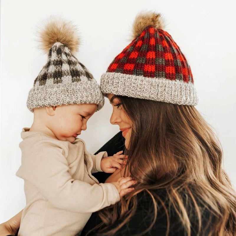 Grey Buffalo Check Pom Pom Beanie Hat