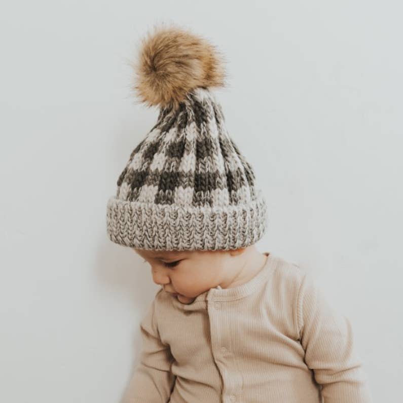 Grey Buffalo Check Pom Pom Beanie Hat