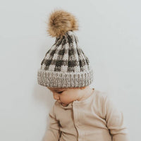 Grey Buffalo Check Pom Pom Beanie Hat