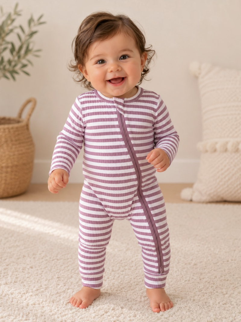 Violet Stripe Ribbed 2-Way Zip Romper