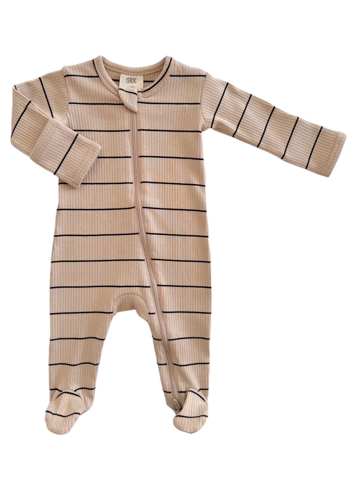 Tan/Black Stripe Organic Ribbed Zip Footie