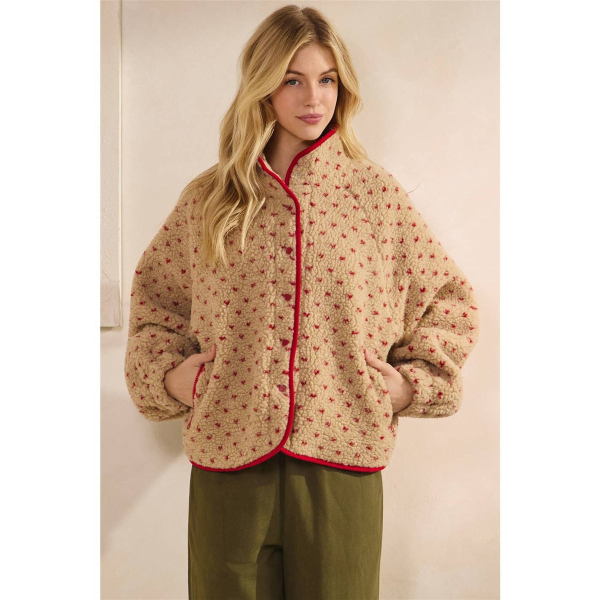 Women's Heart Printed Sherpa Button Up Jacket
