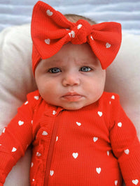 Organic Waffle Knot Bow, Little White Heart (on Red)