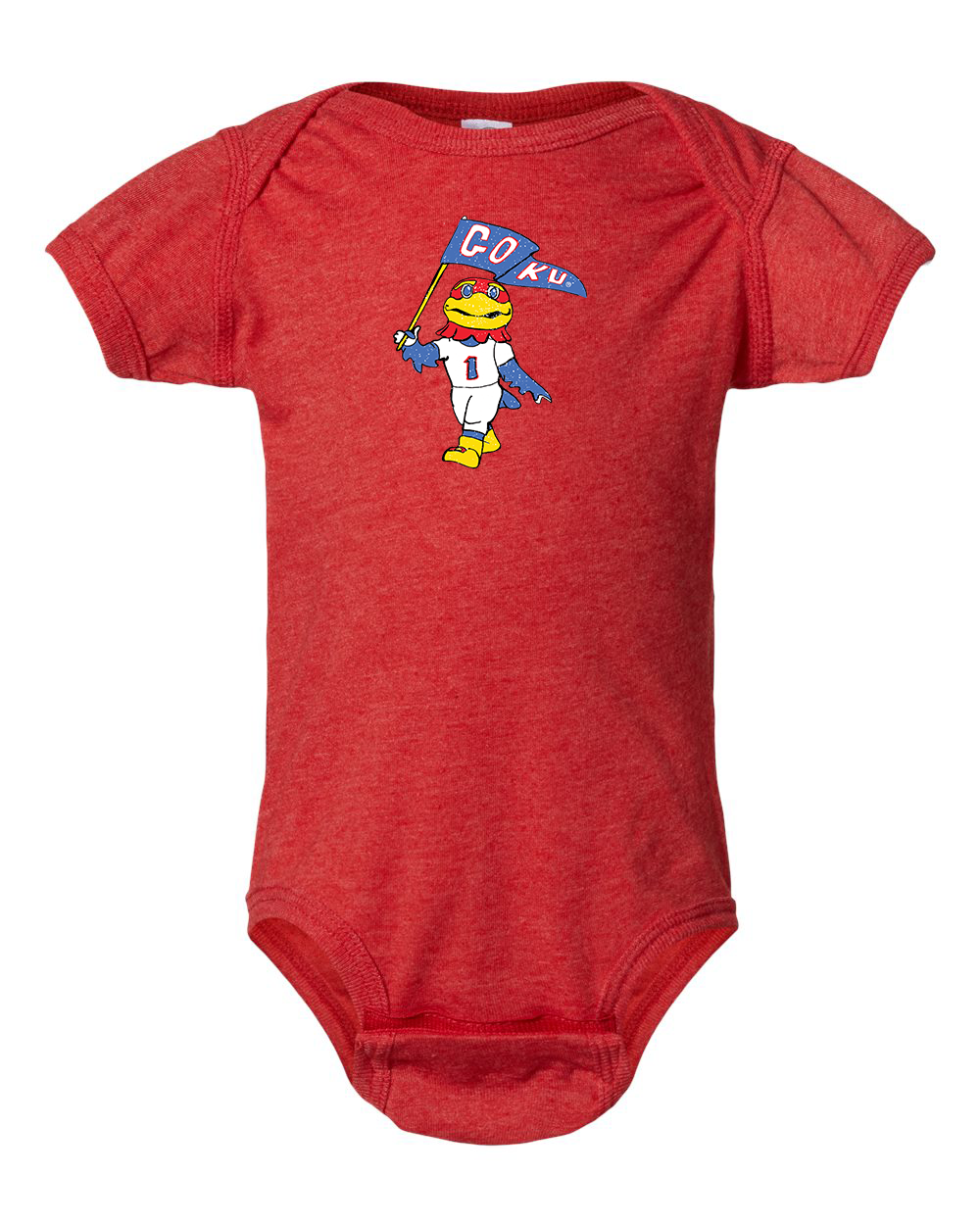 Children's KU Jayhawks Mascot Flag Vintage Red Onesie