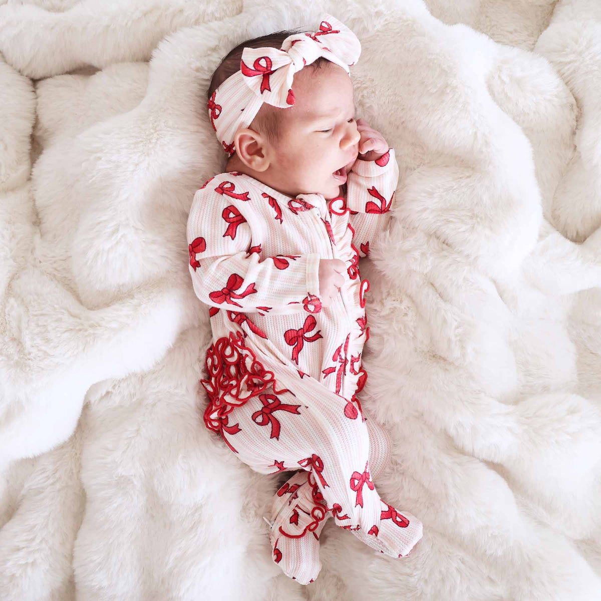 Coquette Christmas Bamboo Waffle Zipper Ruffle Footie