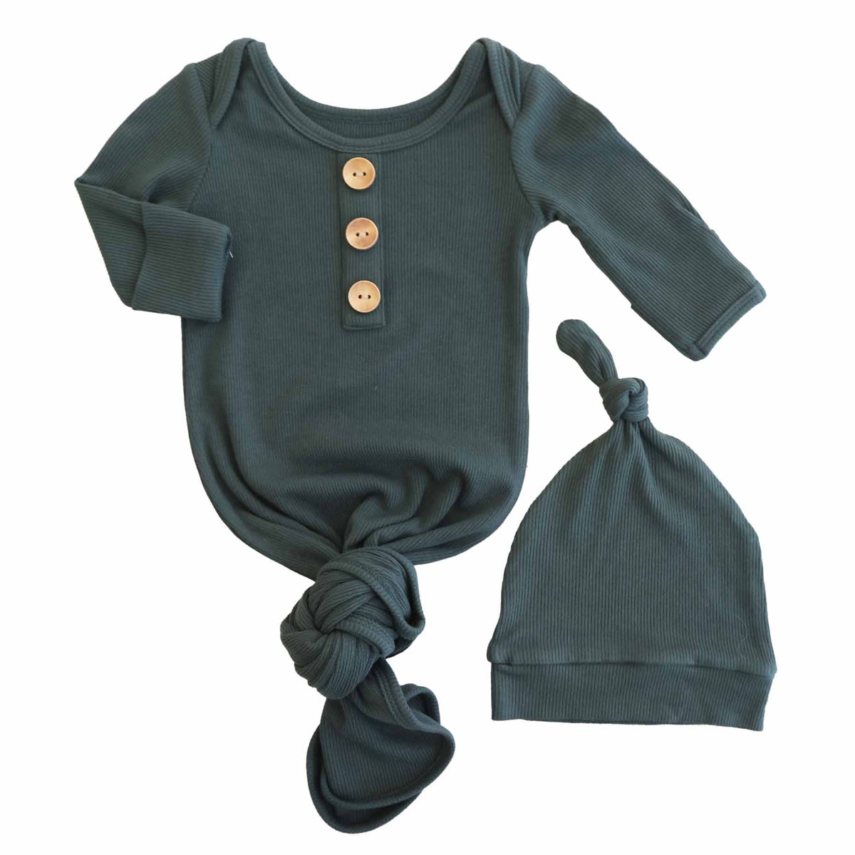 Forest Green Ribbed Bamboo Baby Knot Gown & Hat