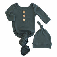 Forest Green Ribbed Bamboo Baby Knot Gown & Hat