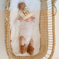 Garter Stitch Baby Booties Pecan with Pom Poms