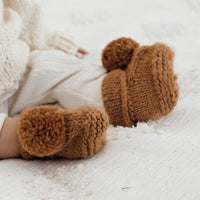 Garter Stitch Baby Booties Natural with Pom Poms