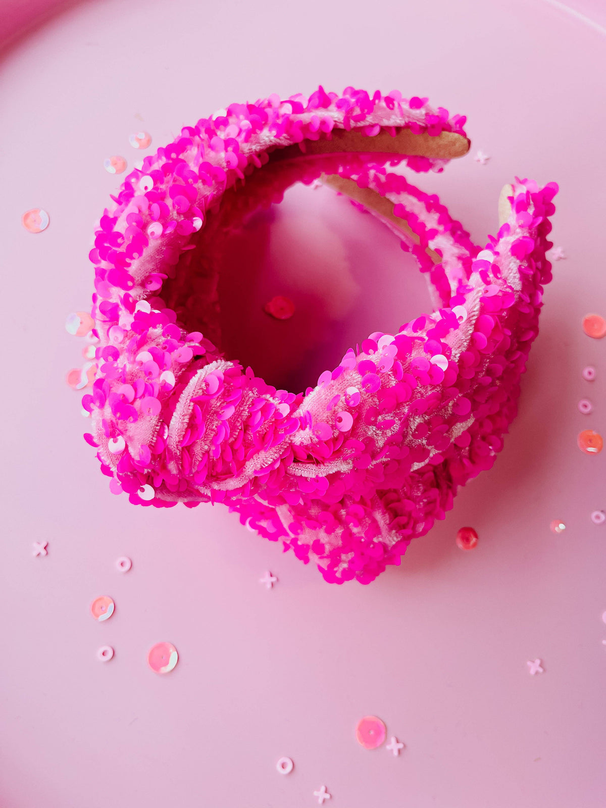 Light Pink with Hot Pink Sequins Knotted Headband for Girls & Women