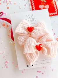 Pink Muslin Medium Pinwheel Pigtail Set with Red Charm Hearts