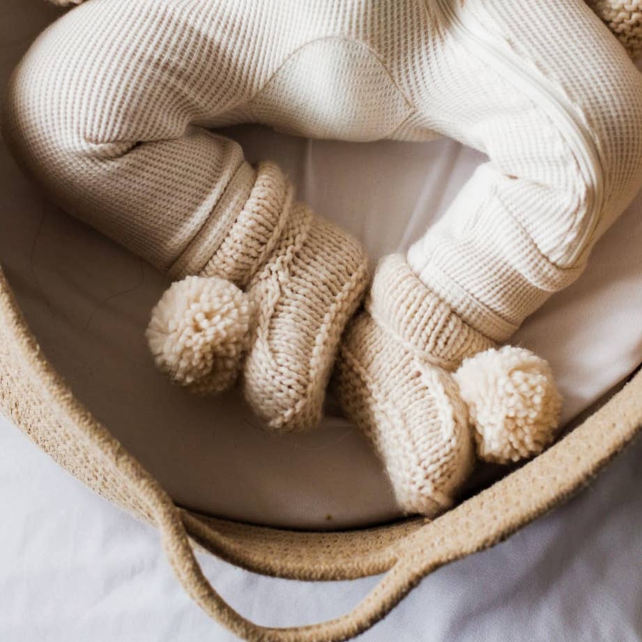 Garter Stitch Baby Booties Natural with Pom Poms