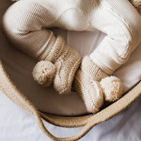 Garter Stitch Baby Booties Natural with Pom Poms
