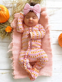 Pumpkin Stripe Pink Organic Frill Zip Footie