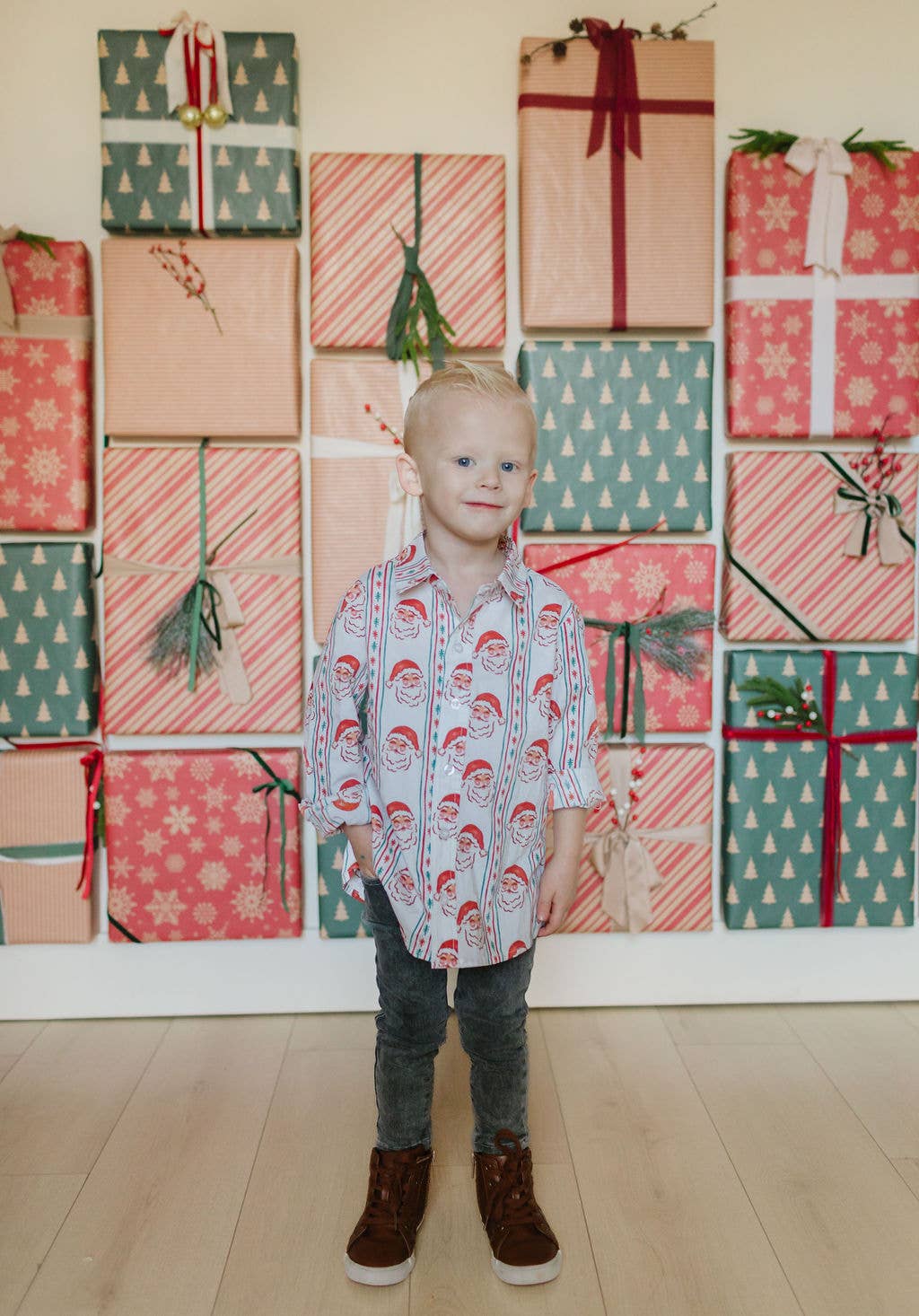 Boys Button Down in Vintage Santa