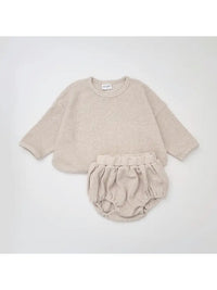 Baby Waffle Cotton Long Tee and Bloomer Set - Oat