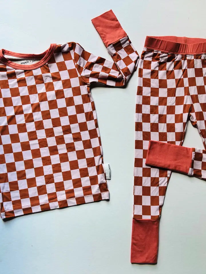 Pink Rust Check Bamboo Kids' Top & Pant Set