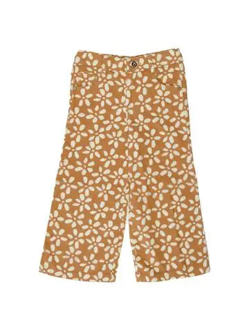 Neutral Tan White Floral Girls Corduroy Crop Flare Pant