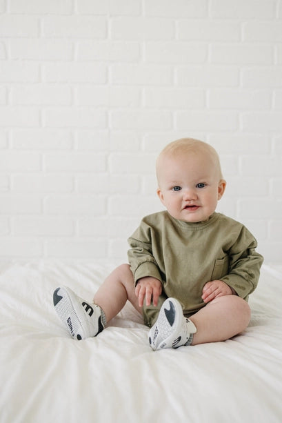 Long-Sleeved Oversized Pocket Tee Romper - Olive Green