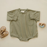 Long-Sleeved Oversized Pocket Tee Romper - Olive Green