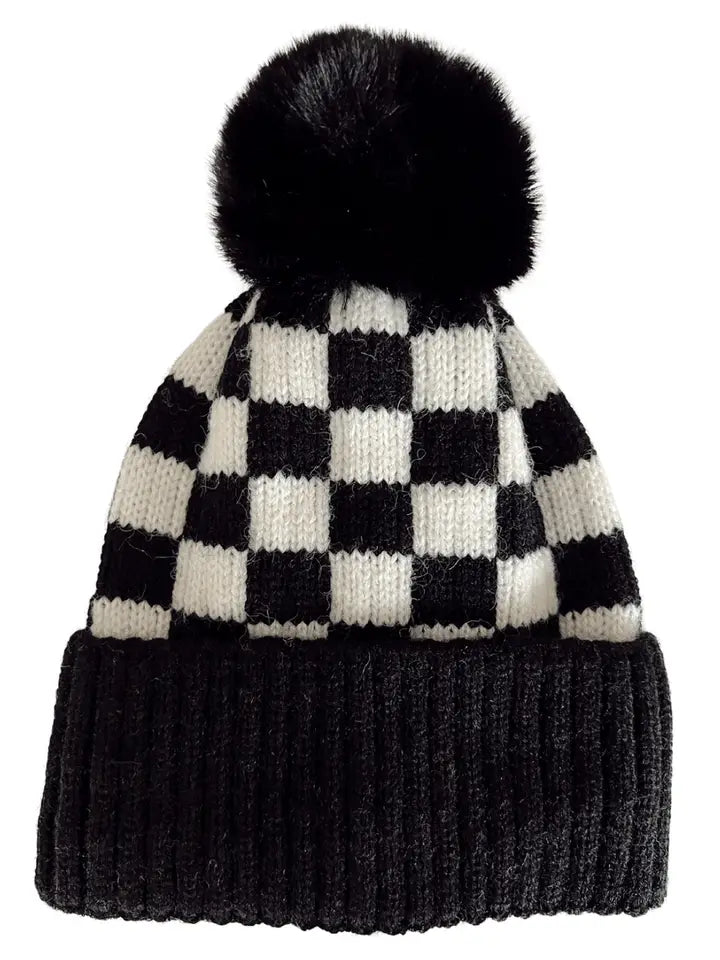 Pom Fur Checkerboard Hat, Black