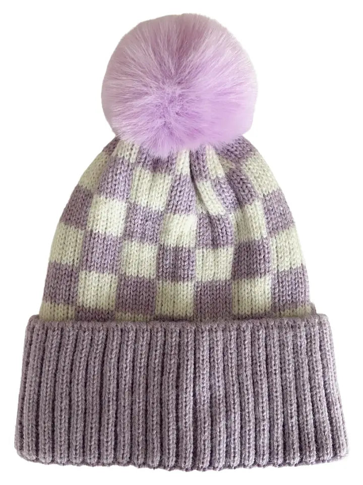 Wisteria Fur Pom Checkerboard Hat