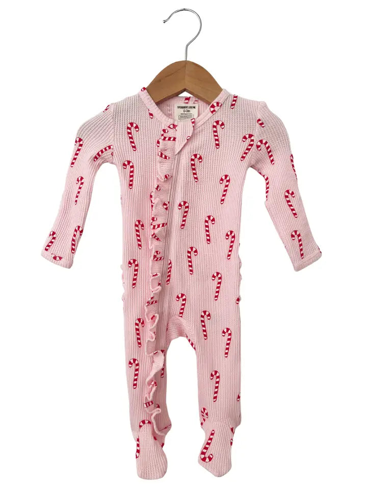 Organic Waffle Ruffle Zip Footie, Pink Candy Cane