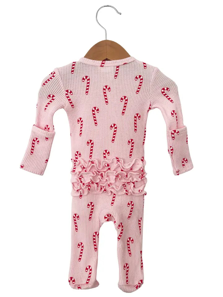 Organic Waffle Ruffle Zip Footie, Pink Candy Cane