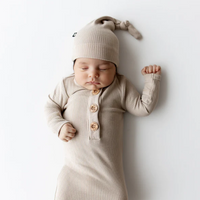 Ribbed Knotted Gown with Hat Set in Bisque 0-3M