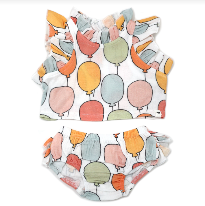 oh baby! Gauze Lola Top with Ruffle Tushie Set - Balloon Print - Oyster