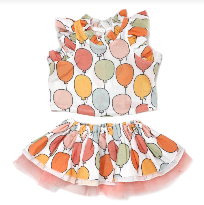 oh baby! Gauze Lola Top and Tutu Skirt Set - Birthday Balloon Print - Oyster
