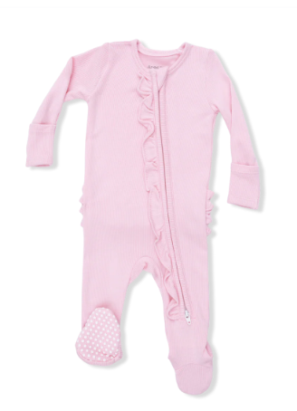 Solid Romance Rose Rib - 2 Way Ruffle Front Zipper Footie