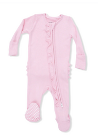 Solid Romance Rose Rib - 2 Way Ruffle Front Zipper Footie