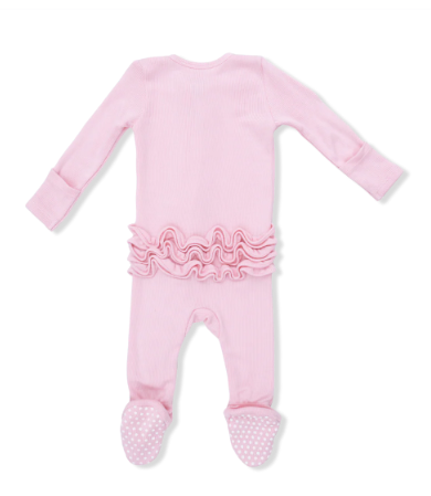 Solid Romance Rose Rib - 2 Way Ruffle Front Zipper Footie