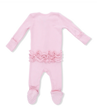 Solid Romance Rose Rib - 2 Way Ruffle Front Zipper Footie