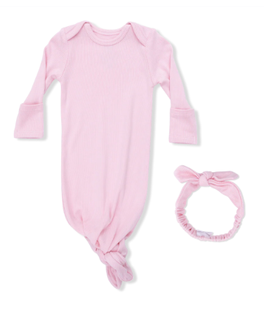 Solid Romance Rose Rib - Knotted Gown And Headband 0-3M
