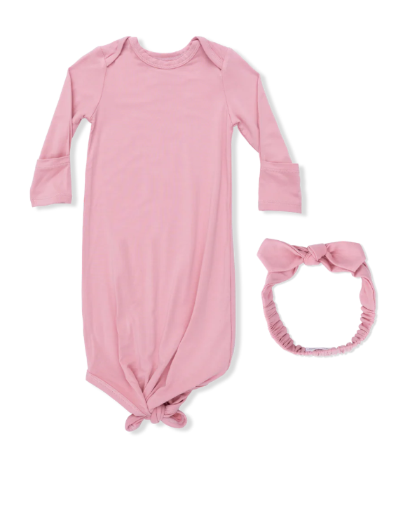 Solid Rose Elegance  Knotted Gown and Headband 0-3 months