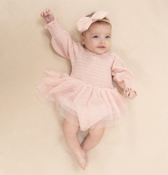 Solid Muslin Lotus Long Sleeve Smocked Bubble with Tutu