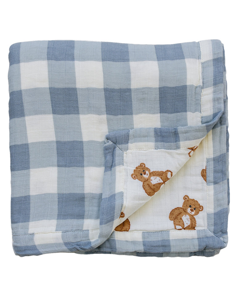 Dusty Blue Gingham + Teddy Bear Muslin Quilt
