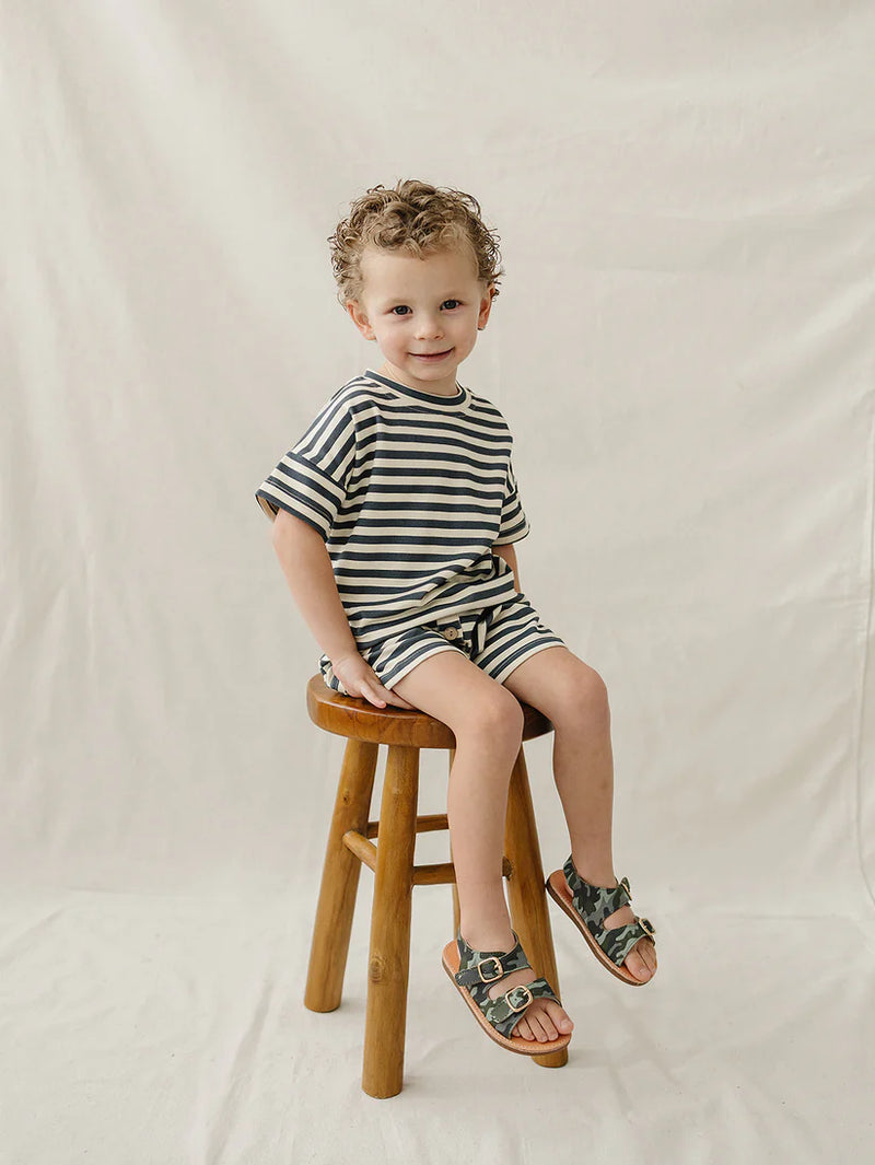 Navy Stripe Button Short Set