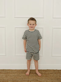 Navy Stripe Button Short Set