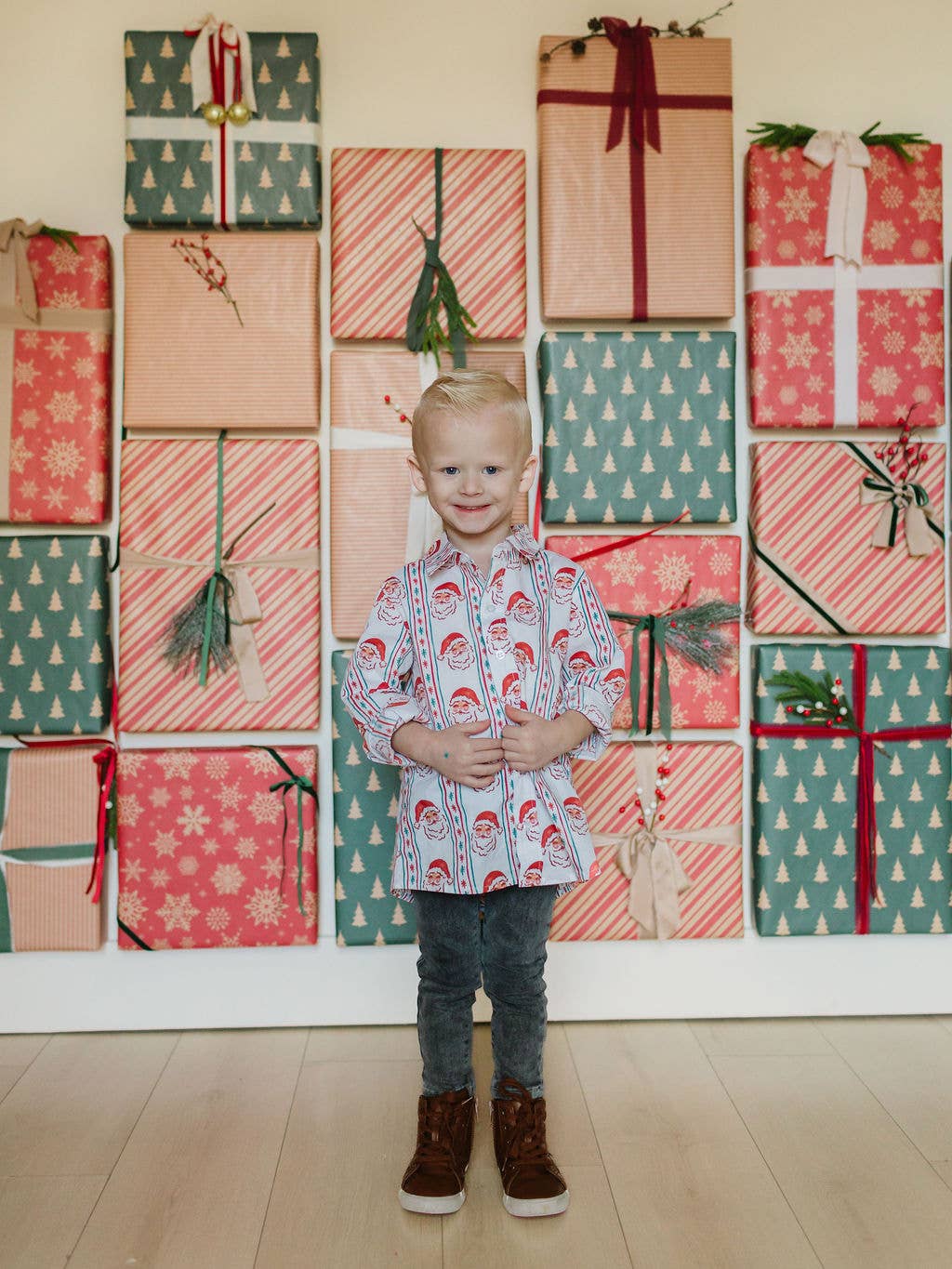 Boys Button Down in Vintage Santa
