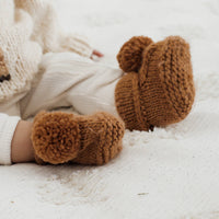 Garter Stitch Baby Booties Pecan with Pom Poms